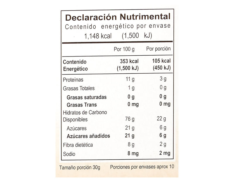Cereal Vivente Amaranth con chocolate - caramelo 325 g - Tabla nutrimental