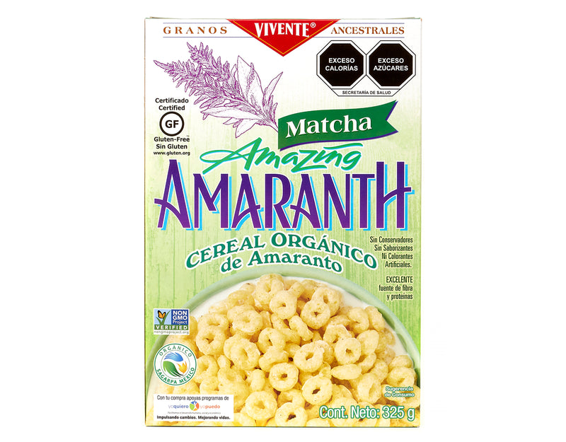 Cereal Vivente Amaranth con matcha 325 g - Empaque Frontal