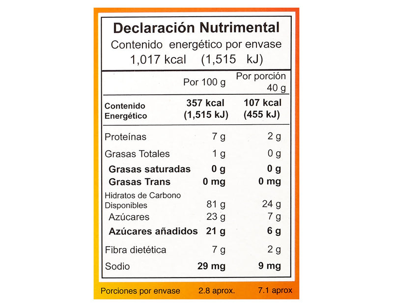 Cereal Vivente Yommis sabor frutal 285 g - Tabla nutrimental