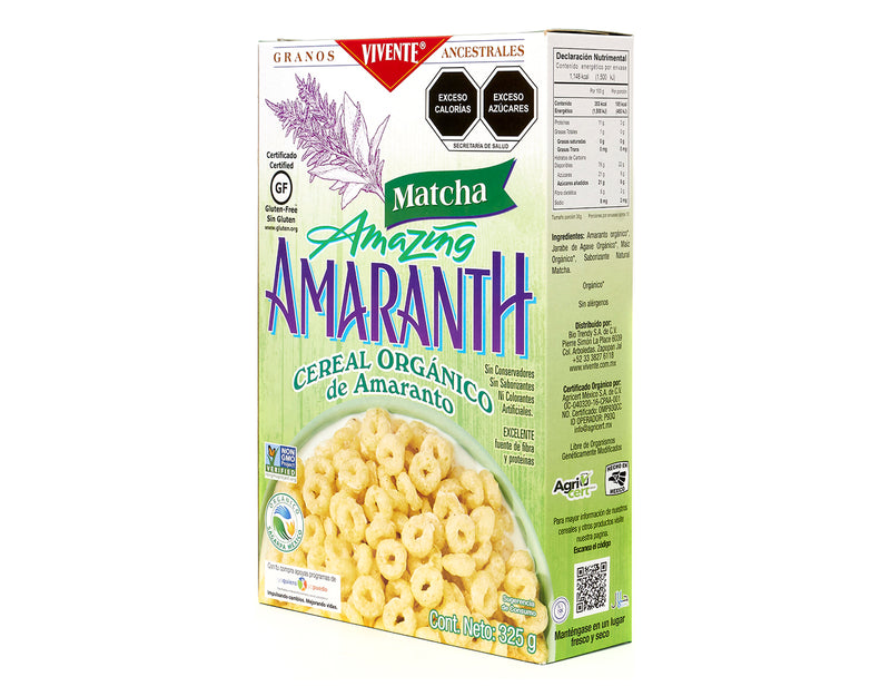 Cereal Vivente Amaranth con matcha 325 g - Empaque Costado