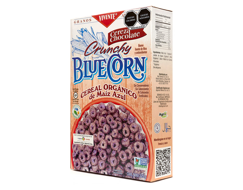 Cereal Vivente Blue Corn sabor Cereza Chocolate 325 g - Empaque Costado