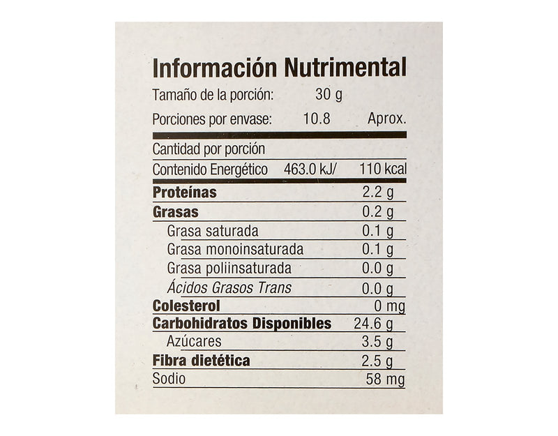 Cereal Vivente Blue Corn sabor Cereza Chocolate 325 g - Tabla nutrimental 