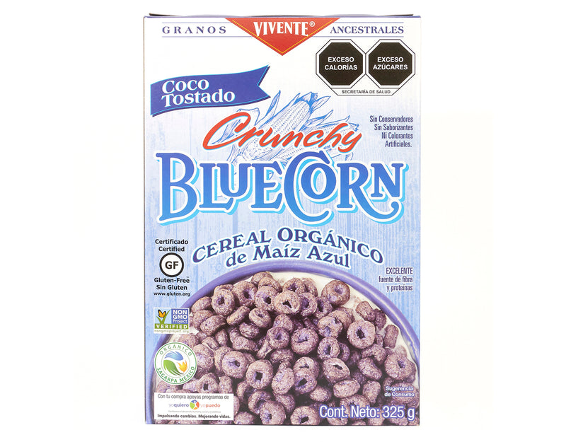 Cereal Vivente Blue Corn sabor Coco Tostado 325 g - Empaque Frontal