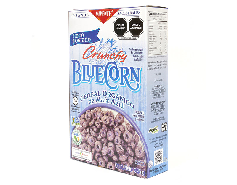 Cereal Vivente Blue Corn sabor Coco Tostado 325 g - Empaque Costado