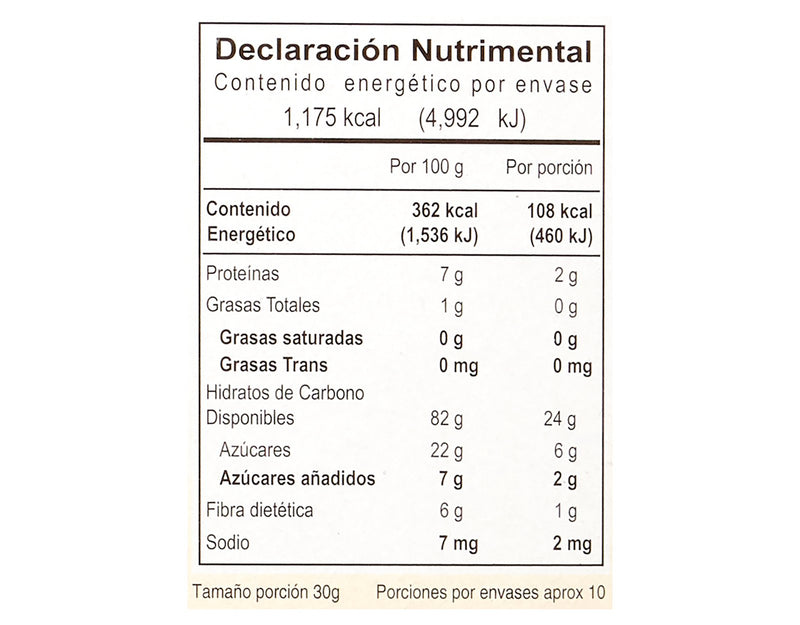 Cereal Vivente Blue Corn sabor Galleta Jengibre 325 g - Tabla nutrimental