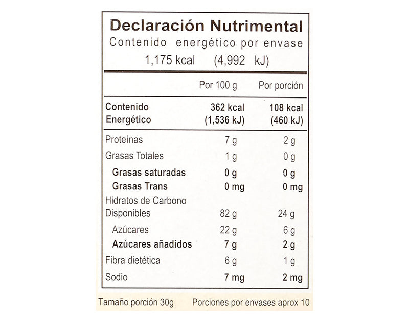 Cereal Vivente Blue Corn sabor Galleta Jengibre 325 g - Tabla nutrimental