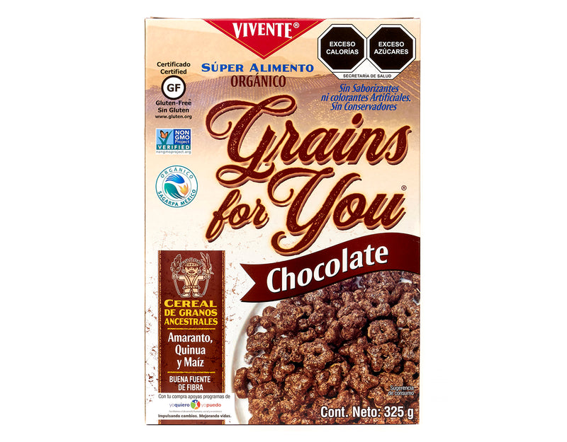 Cereal Vivente Grain For You sabor Chocolate 325 g - Empaque Frente