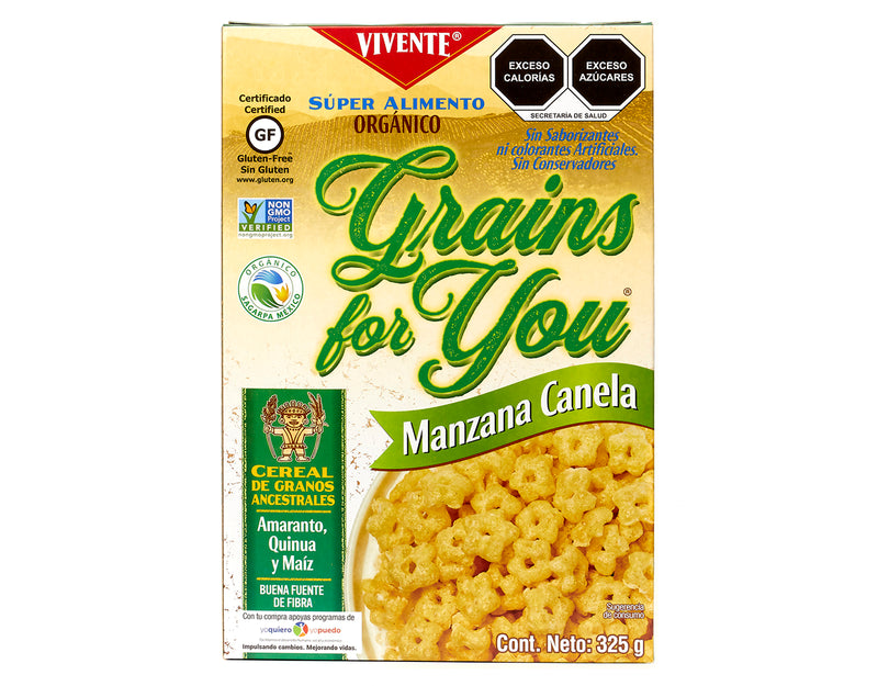 Cereal Vivente Grain For You sabor Manzana Canela 325 g - Empaque Costado