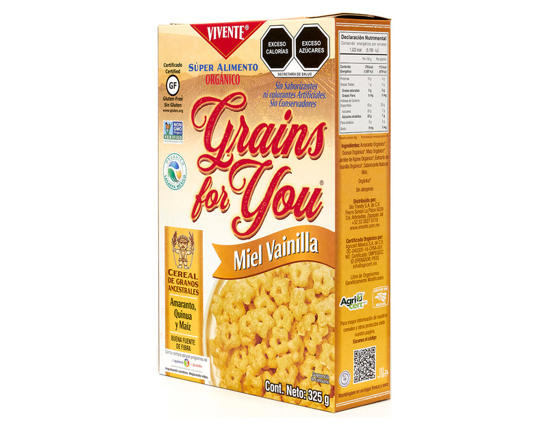 Cereal Vivente Grain For You sabor Miel Vainilla 325 g - Empaque Costado