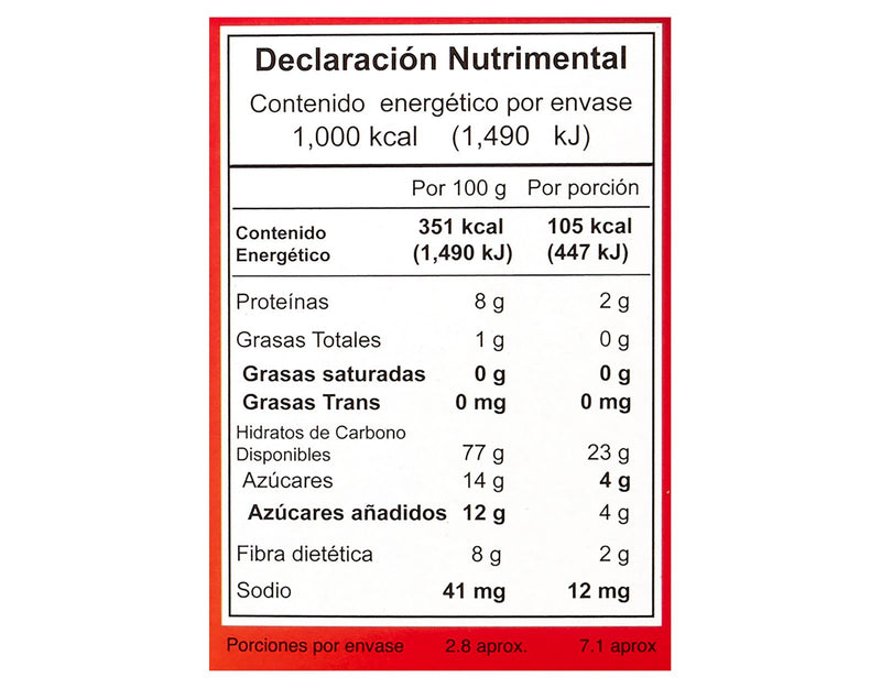 Cereal Vivente Yommis sabor chocolate 285 g - Tabla nutrimental