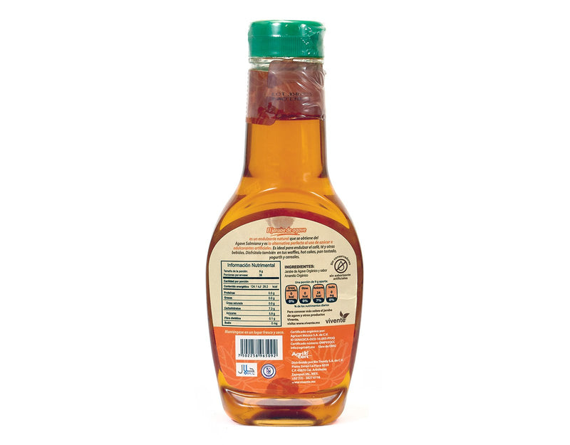 Jarabe de agave orgánico Vivente sabor amareto 345 g - Empaque vuelta