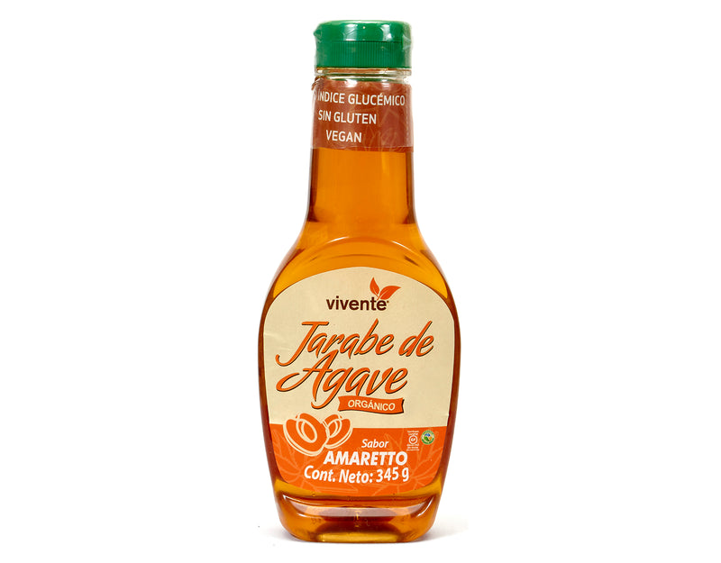 Jarabe de agave orgánico Vivente sabor amareto 345 g - Empaque Frente