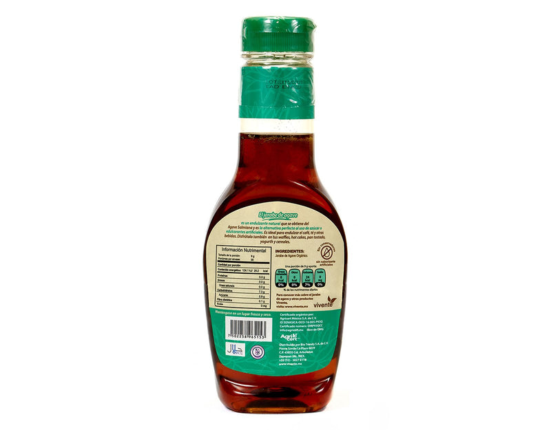 Jarabe de agave orgánico Vivente sabor ambar 345 g - Empaque vuelta