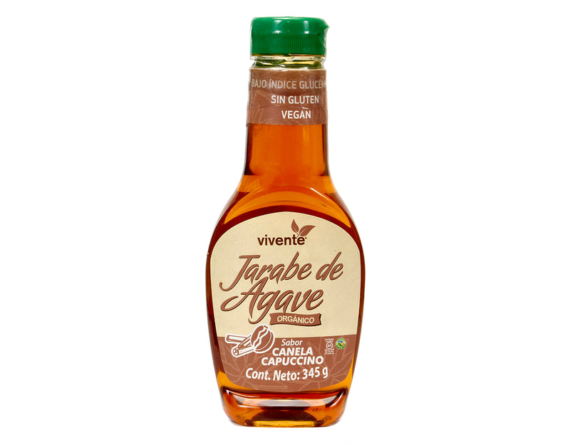 Jarabe de agave orgánico Vivente sabor canela - capuccino 345 g - Empaque Frente