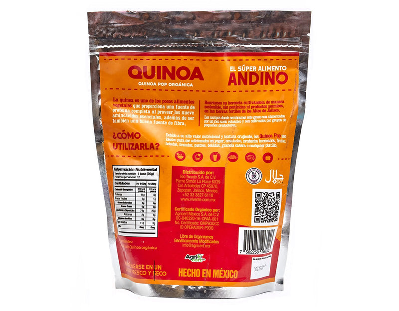 Semillas de quinoa pop orgánicas Vivente 360 g - Empaque vuelta 